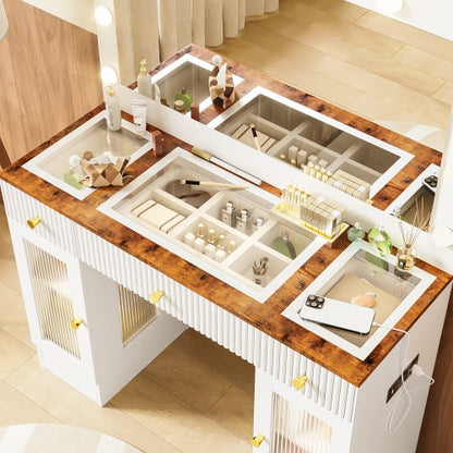 US Local 43.3 Vanity Desk With Large Mirror And Hollywood Bulbs, Modern Glass Top Makeup Vanity With Drawers And Power Outlet, Large Dressing Table With 3 Color Lighting Modes & RGB Cabinets For Bedroom