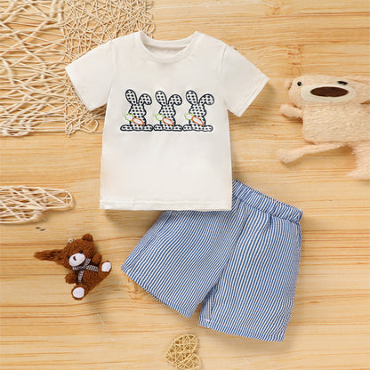 US Local Toddler Casual 2-Piece Set, Bunny & Carrot Embroidered Short Sleeve T-Shirt With Striped Pocket Shorts