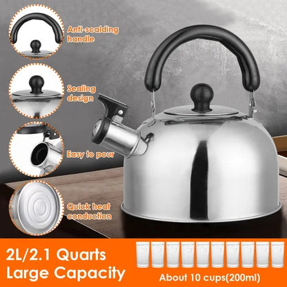 US Local 2.1Quarts Stainless Steel Whistling Tea Kettle Stovetop Induction Gas Teapot With Insulated Handle Camping Kitchen Office