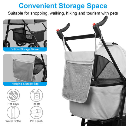 US Local 1Pc 4-Wheels Pet Stroller Foldable Carrier Strolling Cart Travel Jogger Pet Stroller With Removable Liner Storage Basket For Dog Cat