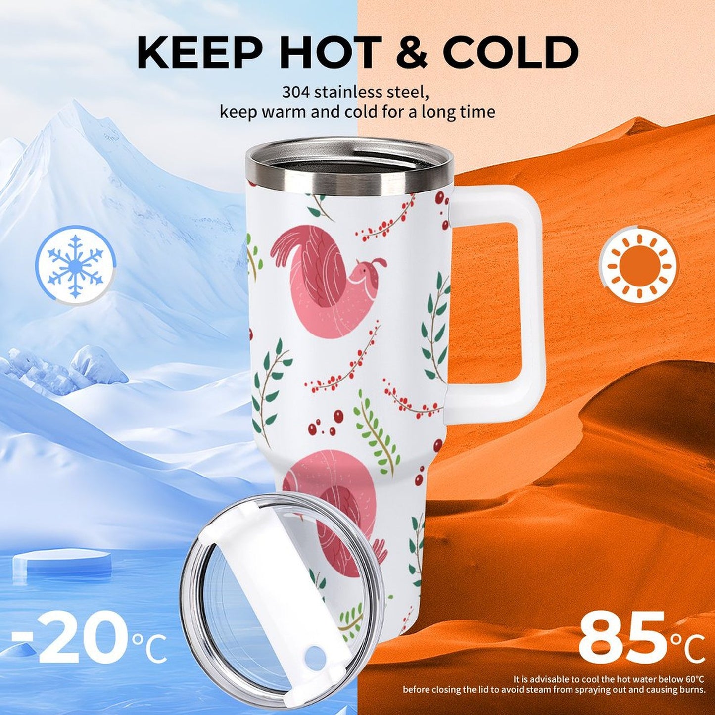 PHDT00084 POD US Local Tumbler 40 oz Large Capacity Car Cup Christmas Bird Pink Branches