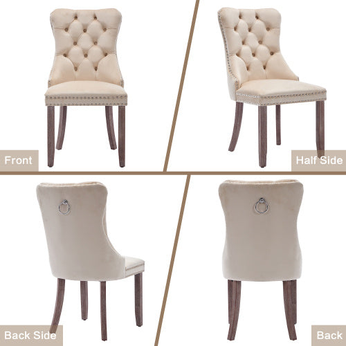 UK Local Modern Set Of 6 Upholstered Velvet Dining Chairs, Button Tufted Kitchen Lounge Chairs With Brushed Wood Legs, Riveted Trim And Knocker Ring, For Dining Room Living Room