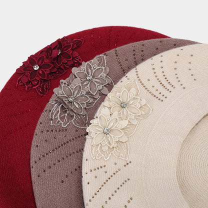 British Retro Beret Women's Fashion Flower Rhinestone Knitted Painting