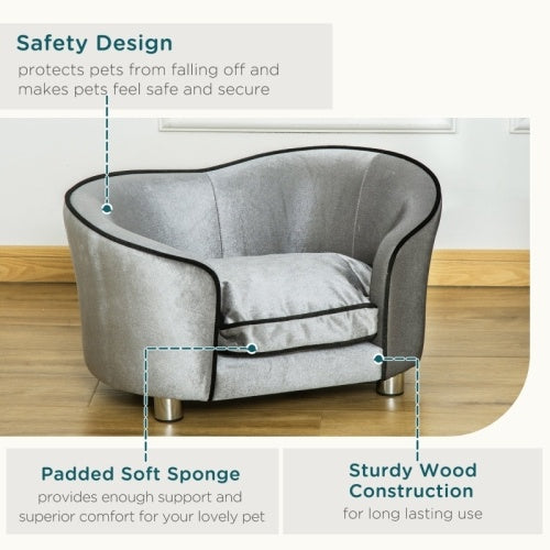 UK Local PawHut Dog Sofa Pet Chair, Kitten Bed Couch W  Wooden Frame, Removable Cushion - Silver-Tone And Grey