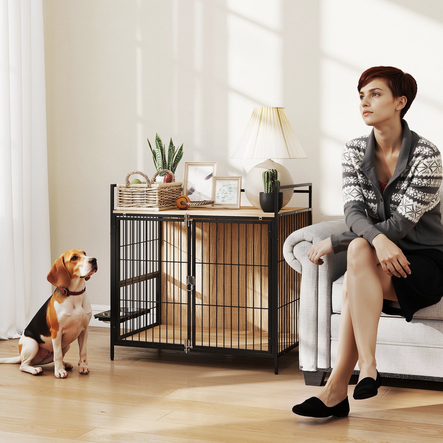 US Local 30 Inch Dog Crate Furniture, Indoor Pet Kennel Side Table With Rotatable Bowls, 2 Anti-Escape Doors, For M Dogs, Oak