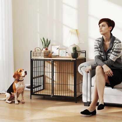 US Local 30 Inch Dog Crate Furniture, Indoor Pet Kennel Side Table With Rotatable Bowls, 2 Anti-Escape Doors, For M Dogs, Oak