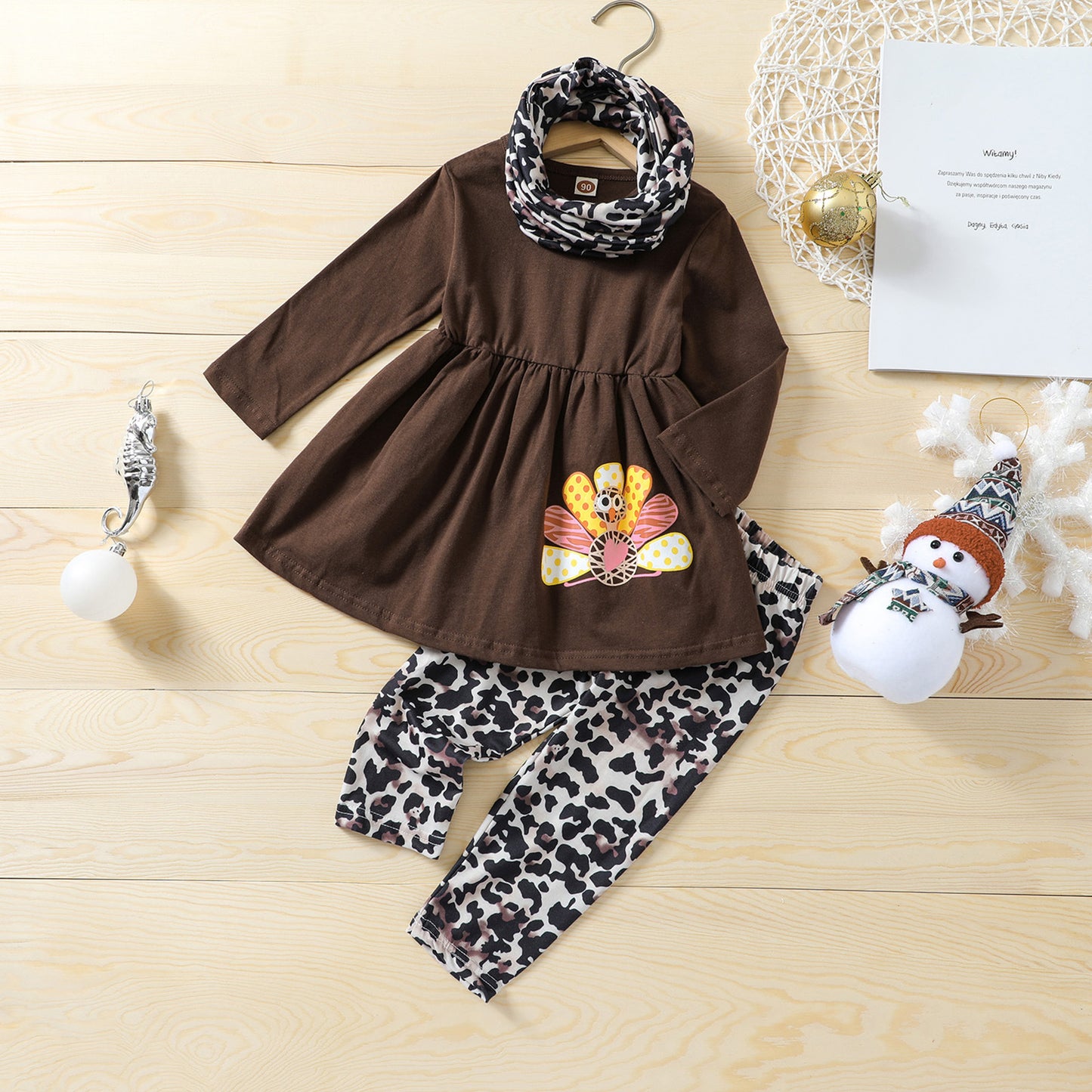 Baby Autumn Young And Little Girls Suit European And American Thanksgiving Suit Turkey Print Top And Trousers Scarf Three-piece Set