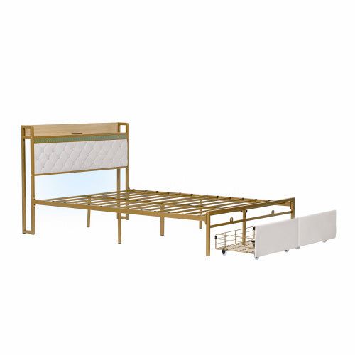 UK Local 4ft6 Double Bed Frame With 2 Storage Drawers, RGB LED Storage Headboard With Charging Station, Velvet Bed Frame, With Chrome Decoration, No Box Spring Needed, Easy Assembly, Beige