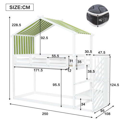 UK Local Bunk Bed, Teen Bed, Children's Bed, 3ft 90x190cm, MDF  Pinewood  Plywood, Decorative Canopy, Corner Staircase, With A Small Picture Bookshelf, White  Green