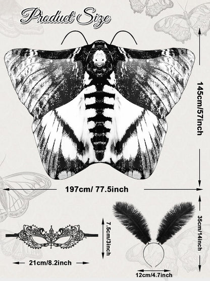 US Local 3 Pcs Moth Butterfly Wings Cape Set   Costume Moth Wings Moth Cape With Headband Lace Mask For Halloween