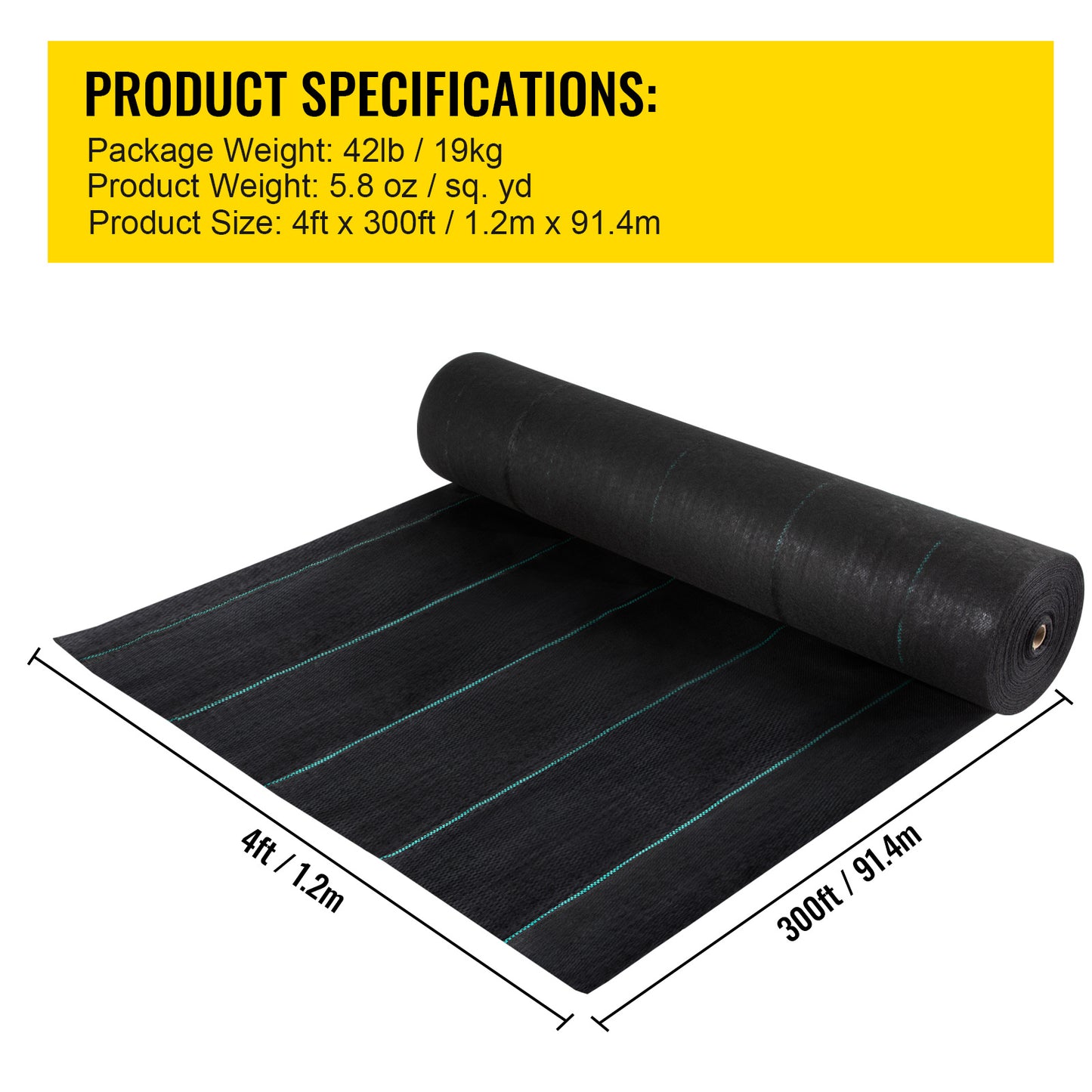 US Local VEVOR Weed Barrier, 5.8oz Landscape Fabric, 4ft X 300ft Cover Mat Heavy Duty Woven Grass Control Geotextile For Garden, Patio, Black