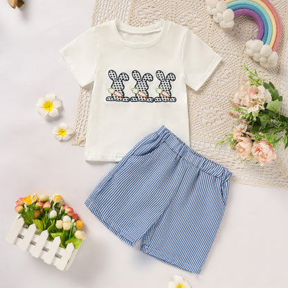 US Local Toddler Casual 2-Piece Set, Bunny & Carrot Embroidered Short Sleeve T-Shirt With Striped Pocket Shorts