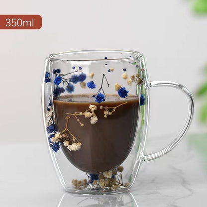 Real Flower Double Layer Glass Cup Good-looking Starry Sky