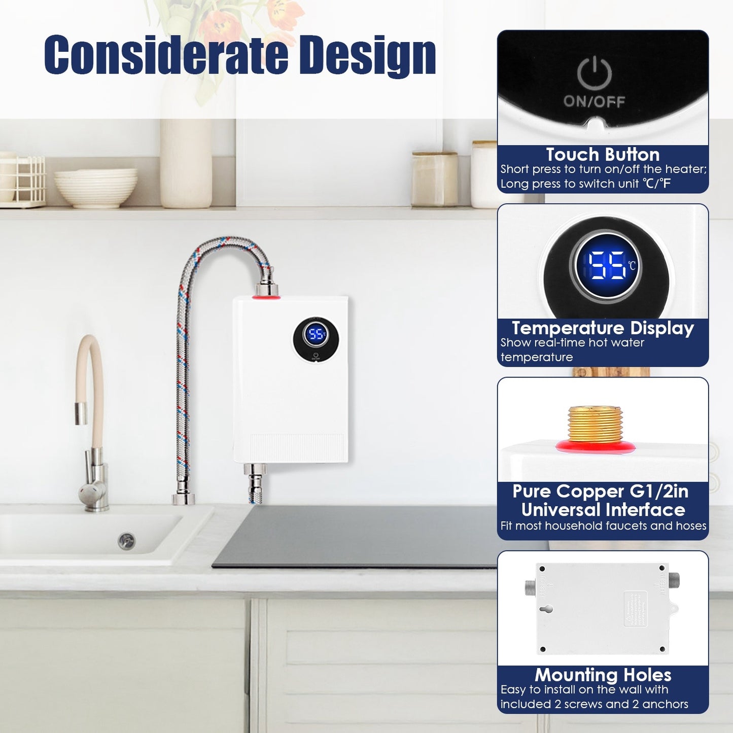 US Local 3000W Electric Tankless Water Heater Instant Mini Hot Water Heater With Digital Display For Kitchen RV Sink Bathroom