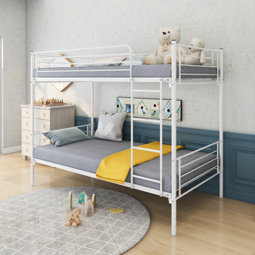 US Local Twin-Over-Twin Bunk Bed With Metal Frame And Ladder, Space-Saving Design,White