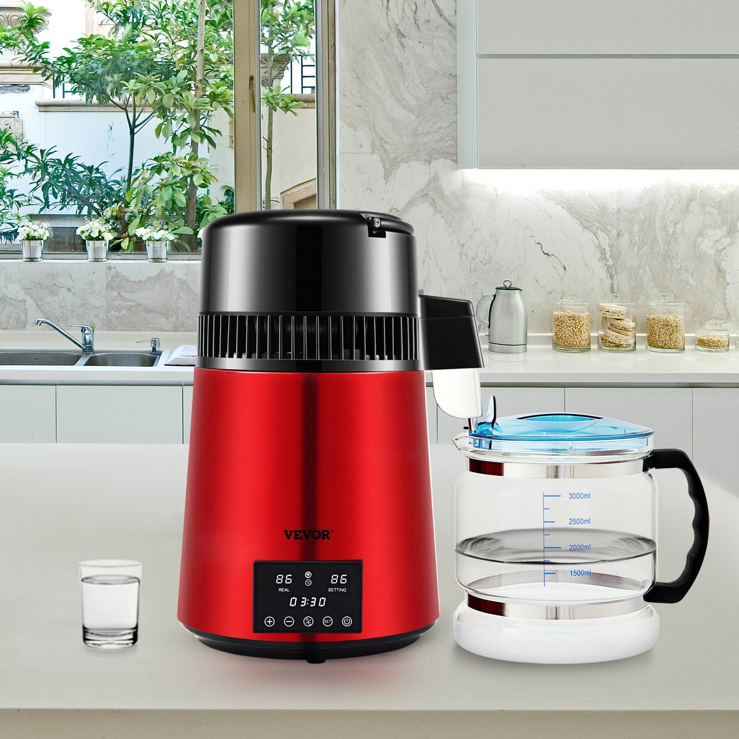 US Local 1.1Gal Water Distiller, 750W Distilled Water Maker Machine 0-99H Timing Dual Temp Display, 304 Stainless Steel Countertop Distiller Glass Carafe Cleaning Powder 3 Carbon Packs, Red