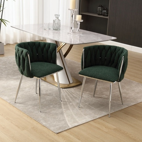 UK Local GOMYWAY Modern Hand Weaving Dining Chairs Set Of 2, Boucle Upholstered Side Chairs With Silver Legs, Kitchen Chairs With Armrest, Accent Chairs, Vanity Chairs For Dining Room Emerald, Set Of 2