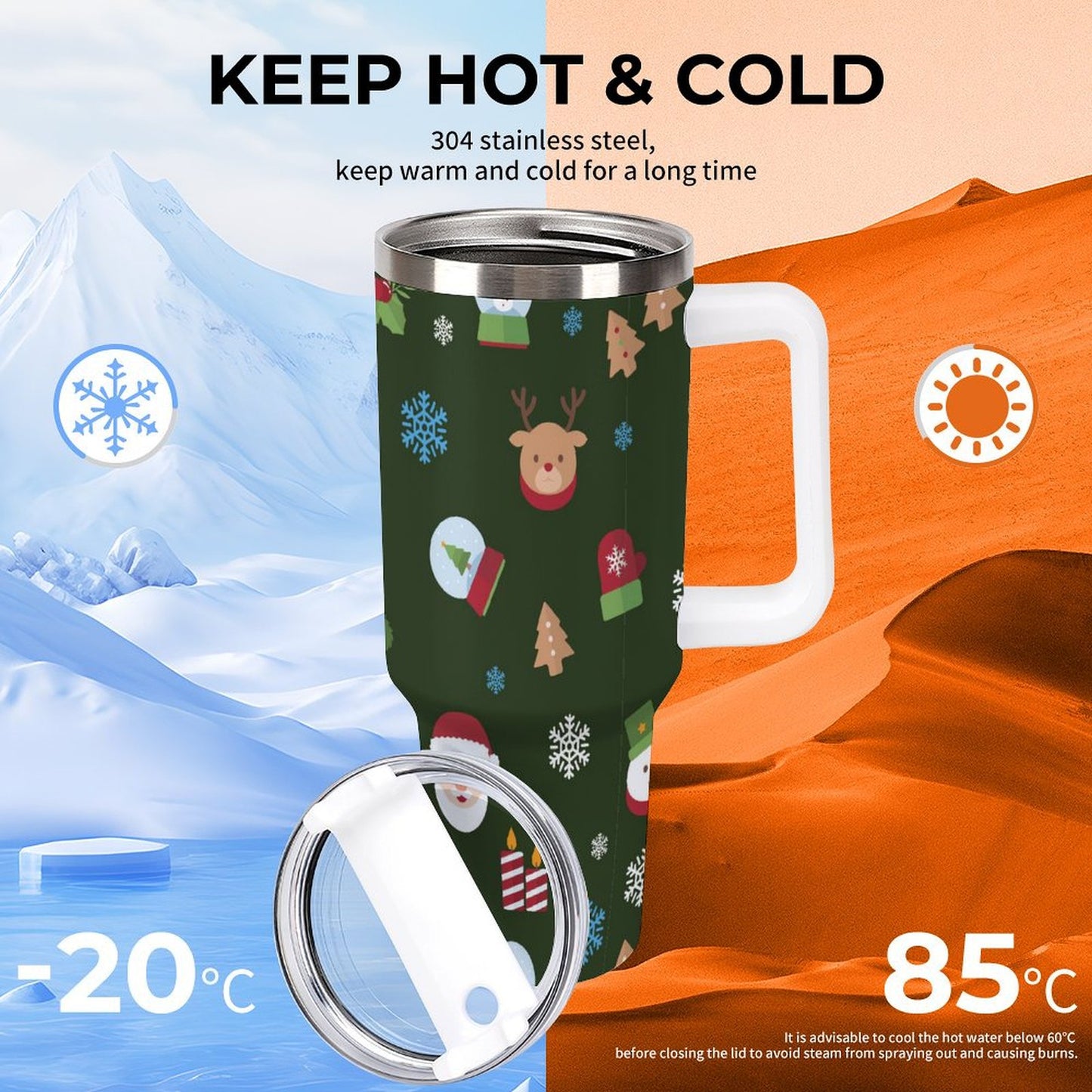 POD US Local 40oz Large Capacity Car Cup Christmas Tree Santa Snowflake Green