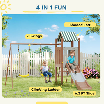 US Local Kids Swing Set With 6 FT Slide, 2 Adjustable Swings, Fort With Canopy, Ladder, Ground Stakes For Ages 3-8, Brown