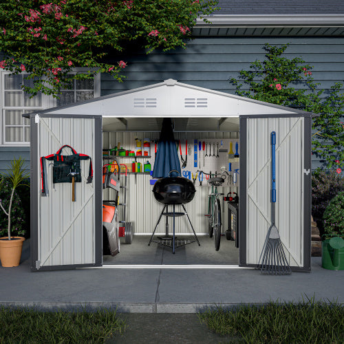 10X8 FT Outdoor Storage Shed, All Weather Metal Sheds With Lockable Doors, Tool Shed For Garden, Patio, Backyard, Lawn, Grey