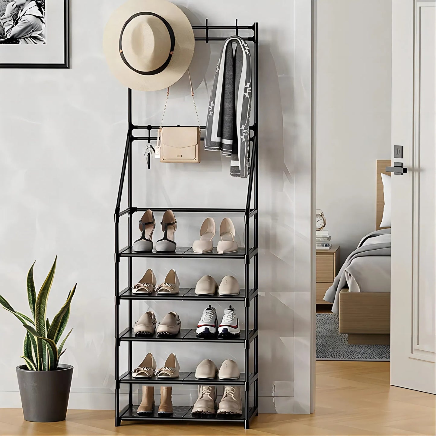 US Local 5-Tier Shoe Rack Shoe Storage For Entryway,Narrow Shoe Rack,Coat And Shoe Rack With 8 Hooks