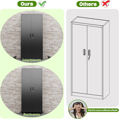 US Local Garage Storage Cabinet With Optional Wheels, Metal Lockable File Cabinet With 2 Doors And 4 Adjustable Shelves,Tool Storage,Home Office Garage,Gym,School Black