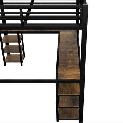 US Local Full Metal Loft Bed With Desk And Shelves, Loft Bed With Ladder And Guardrails, Loft Bed Frame For Bedroom