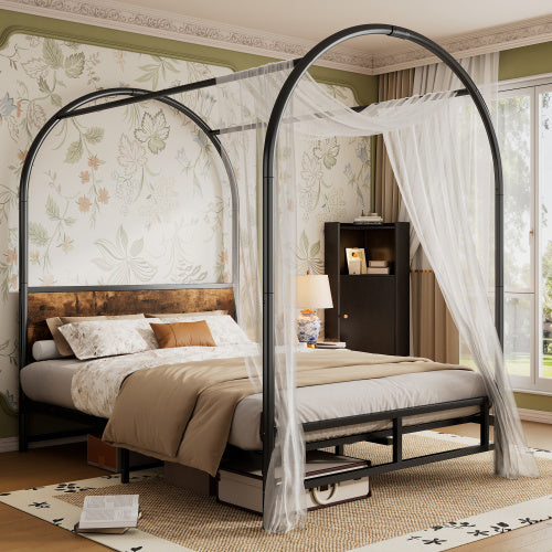 UK Local Metal Bed, 4ft6 Double Bed 135x190cm, Durable And Sturdy, Canopy Twin Bed, Iron Bed For Adults  Teenagers, Black Wood Color Bed Frame Only Drape Not Included