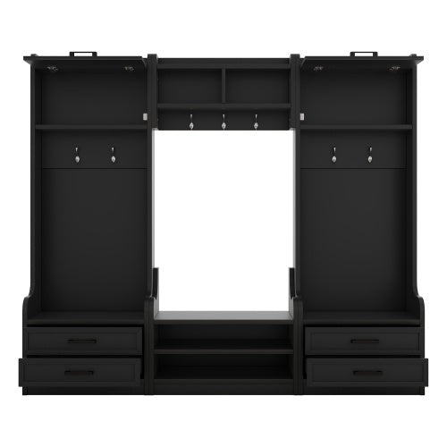 US Local 4-in-1 Detachable Hall Tree With Storage And 7 Hooks, Multiple Functions Hallway Coat Rack With Storage Drawers And Cabinet, Black Shoe Bench For Entryway Hallway