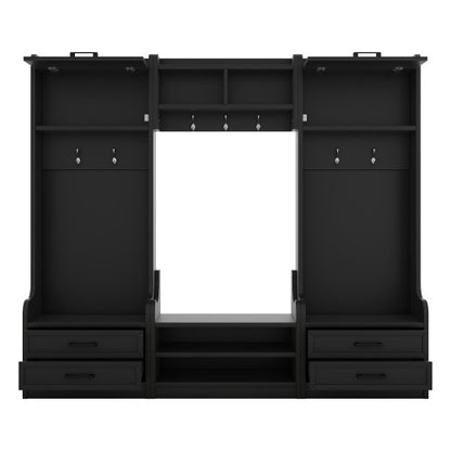 US Local 4-in-1 Detachable Hall Tree With Storage And 7 Hooks, Multiple Functions Hallway Coat Rack With Storage Drawers And Cabinet, Black Shoe Bench For Entryway Hallway