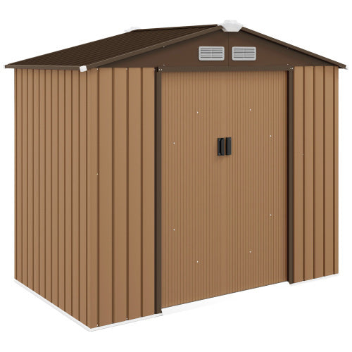 UK Local Outsunny 7 X 4ft Lockable Metal Garden Tool Storage Shed, Outdoor Storage Shed With Foundation And Vents, Light Brown