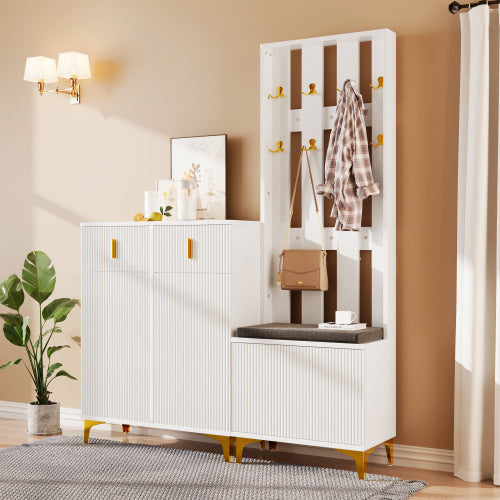 UK Local Wardrobe Set With Shoe Bench And Cushion, Wardrobe Front With Hooks, Shoe Cabinet With Drawers And Doors