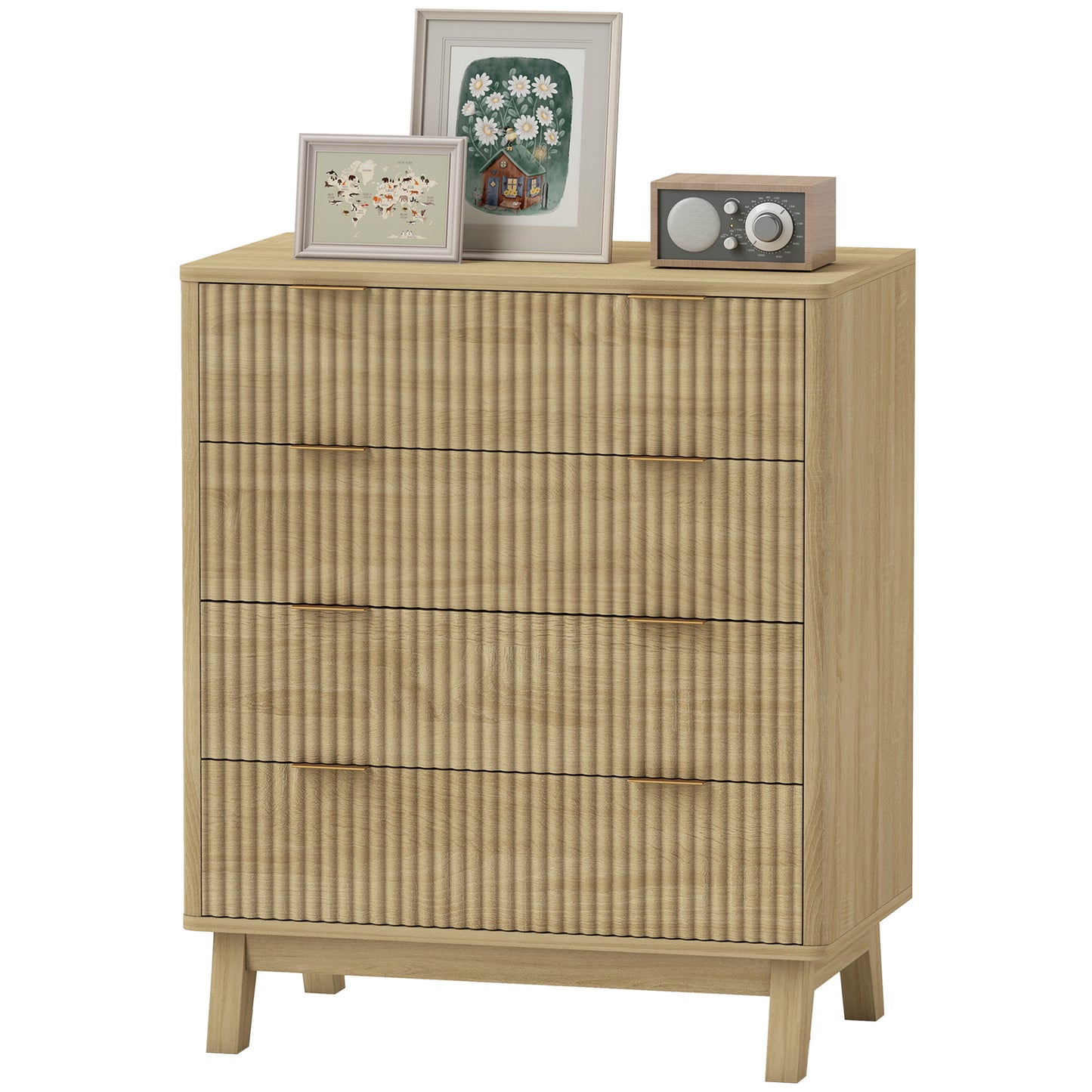 US Local 4 Drawer Double Dresser For Bedroom, Fluted Chest Of Drawers With Gold Finger Pulls And 4 Wood Legs, Natural Wood