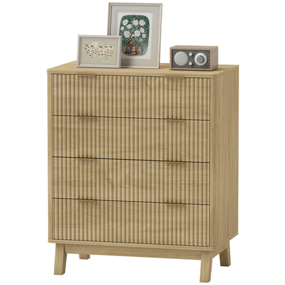 US Local 4 Drawer Double Dresser For Bedroom, Fluted Chest Of Drawers With Gold Finger Pulls And 4 Wood Legs, Natural Wood