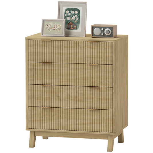 US Local 4 Drawer Double Dresser For Bedroom, Fluted Chest Of Drawers With Gold Finger Pulls And 4 Wood Legs, Natural Wood