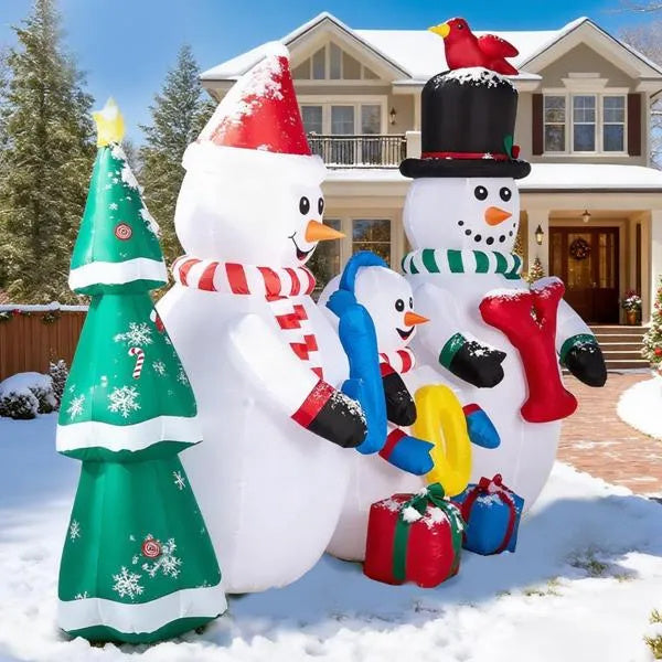 US Local 8FT Lighted Christmas Inflatable Decoration, Inflatable Snowman Family With JOY And Xmas Tree, Funny Blow Up Yard Decorations With Built-in LED Lights For Holiday Party Front Yard Lawn Garden Decor