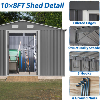 US Local 10X8 FT Outdoor Storage Shed, Metal Foundation & Lockable Doors, Tool Shed For Garden, Patio, Backyard, Lawn, Grey