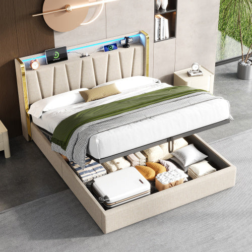 UK Local 4ft6 Double Upholstered Bed Frame With Hydraulic Storage, LED Headboard With Charging Station And Chrome Trim, USB And Type - C Ports, Linen, No Box Spring Needed, Beige