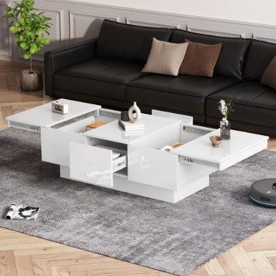 UK Local Coffee Table For Living Room, Modern Side Table Wooden Centre Table, White High Gloss Coffee Tea Tables With 2 Drawers And 2 Big Storage Space For Home Office Furniture