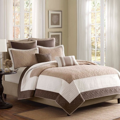 US Local 7 Piece Quilt Set With Euro Shams And Throw Pillows Beige FullQueen