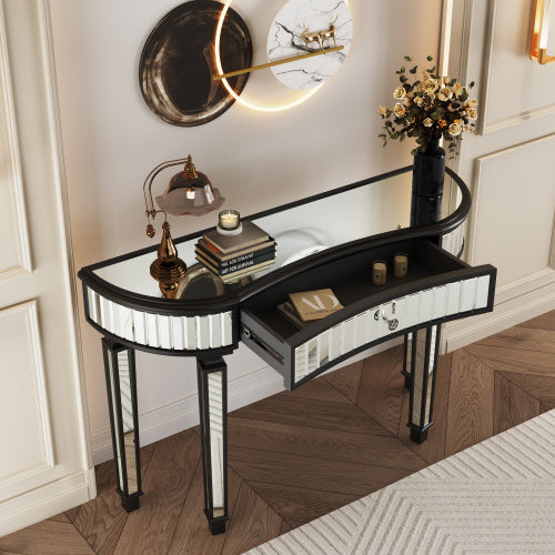 US Local 47 Half Moon Mirrored Console Table With Fluted Glass Crystal Knob Drawer Silver Entryway Vanity Desk For BedroomDressing RoomGold Sliver