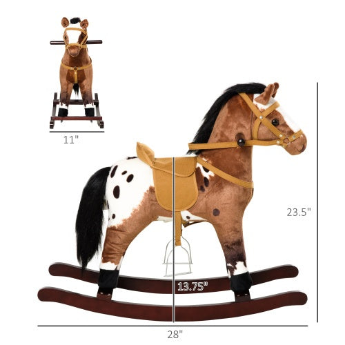 US Local Qaba Kids Metal Plush Ride-On Rocking Horse Chair Toy With Realistic Sounds - Dark Brown White