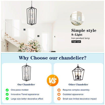 US Local 8-Light Farmhouse Kitchen Chandeliers, Matte Black And Sliver Vintage Rustic Cage Light Fixture Adjustable Height Chandeliers For Dining Room Hallway Foyer Entryway E12 Bulbs Not Included