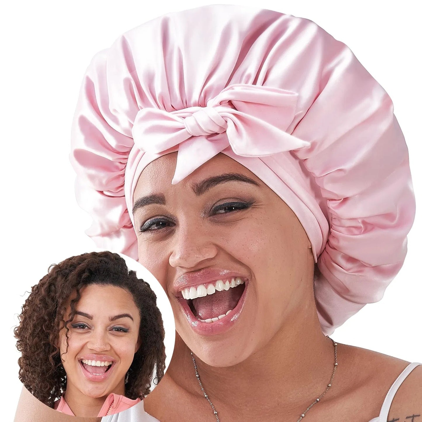 US Local Silk Bonnet For Sleeping Women, Satin Hair Bonnet For Sleeping For Wavy Curly Natural Hair Women Men - Pink