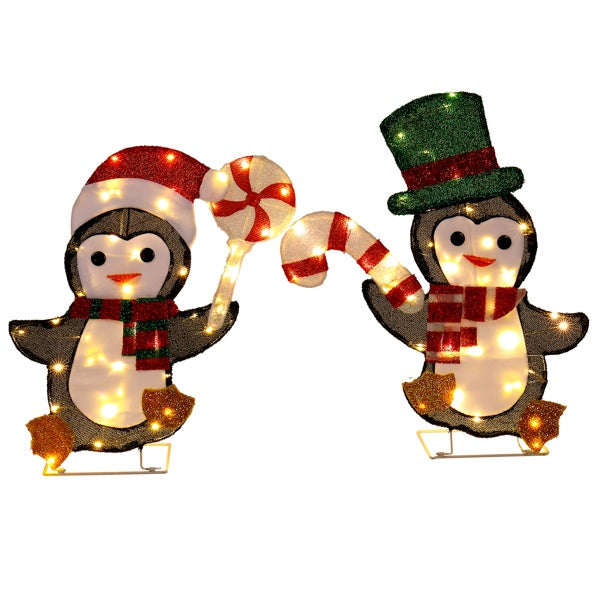 US Local Set Of 2 Lighted Penguin And Candy Cane Christmas Decorations, Pre-lit 2D Holiday Decor With 80 Warm White LED Lights For Xmas Outdoor Indoor Decor Lighted Holiday Displays