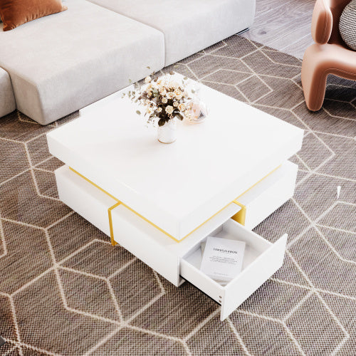UK Local Coffee Table, High-Gloss Living Room Table, Side Table With Drawers And Gold Accents