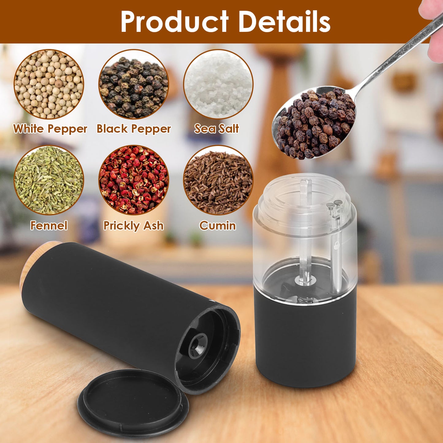 US Local 2Pcs Electric Salt And Pepper Grinder Battery Powered Salt Mill Sets With Adjustable Coarseness One Hand Easy Operation Visible Refilling Bottle
