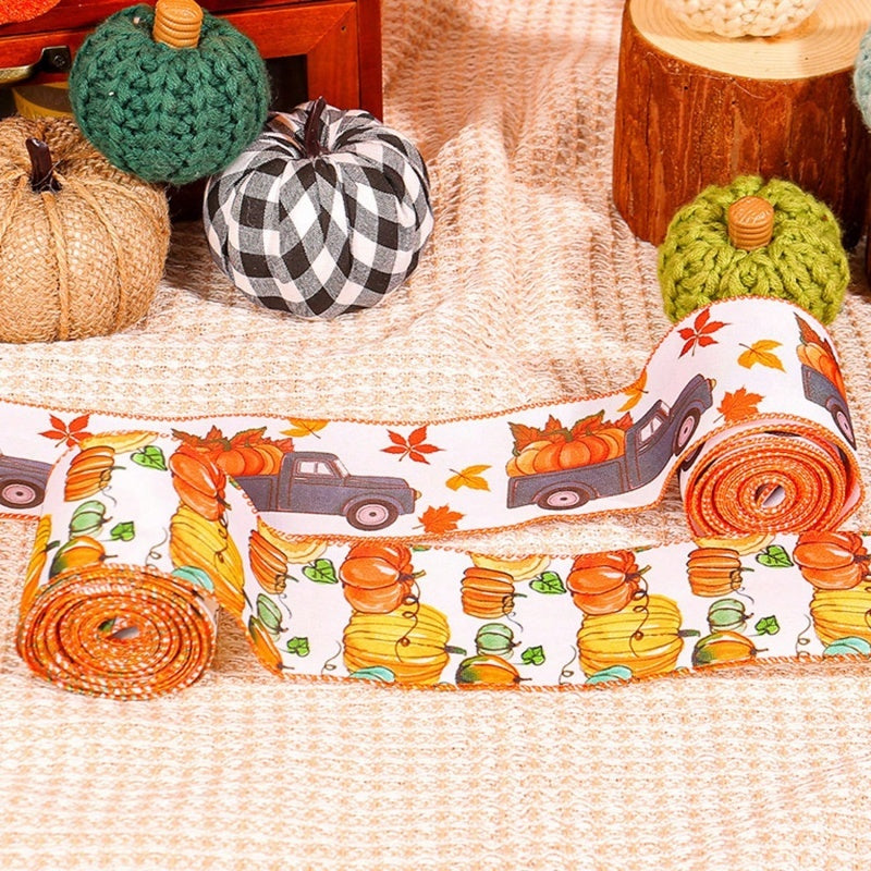 US Local 4 Rolls 20 Yards Thanksgiving Day Fall Autumn Wired Edge Ribbon Pumpkin Leaves Wired Ribbon Gingham Ribbon For Thanksgiving Decorations Party Gift Wrapping Craft DIY Project