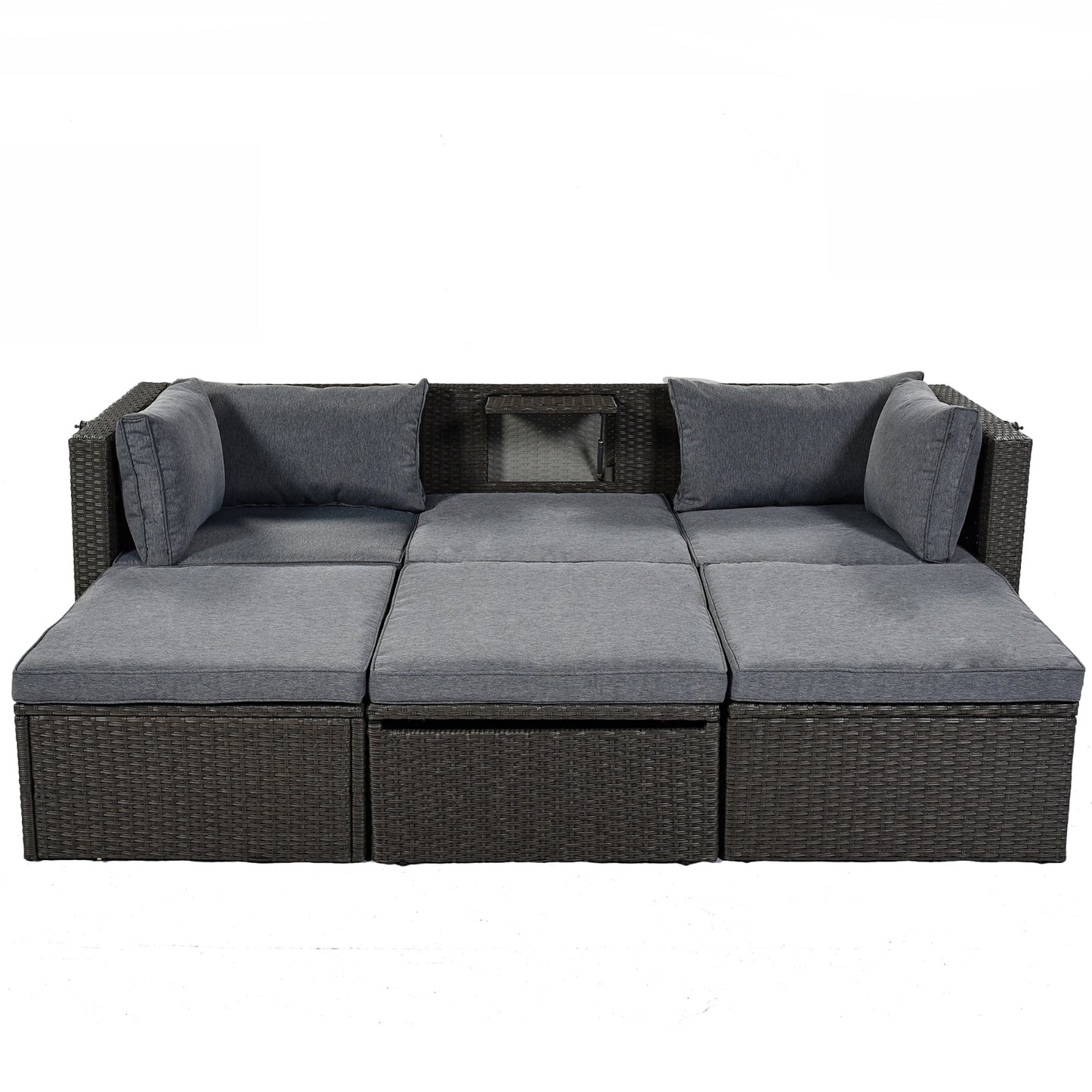 US Local U Style Patio Rectangle Daybed With Canopy, Wicker Sectional Seating