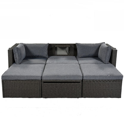US Local U Style Patio Rectangle Daybed With Canopy, Wicker Sectional Seating